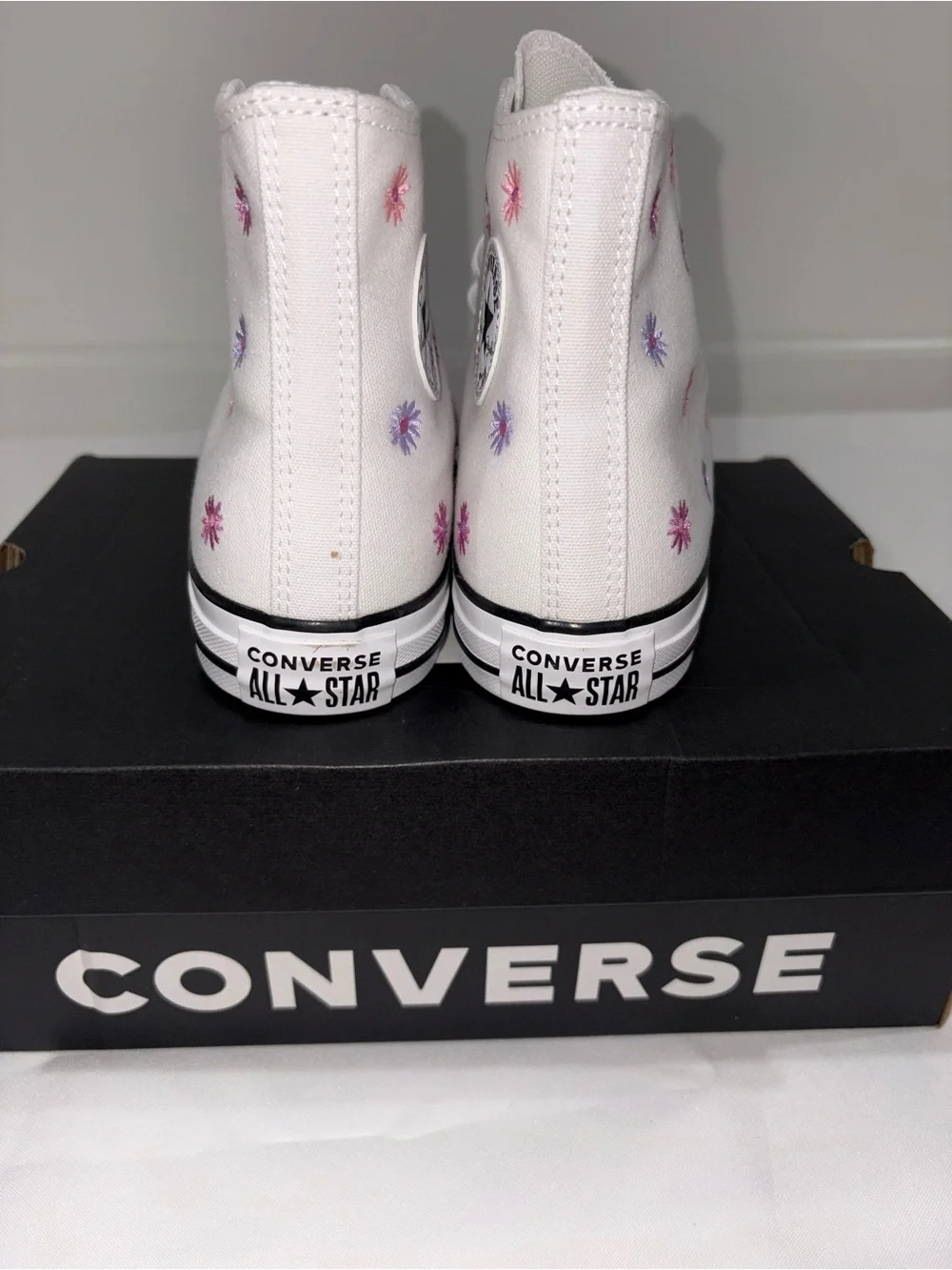 Converse Kids White High-Top Sneakers with Pink & Purple Flower Embroidery